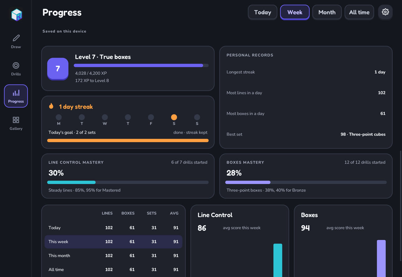Progress details with streak, goals and mastery